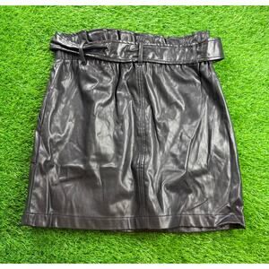 Haute Monde Faux Leather Paperbag Belted Mini Skirt Black Sz L Pockets Zip Waist